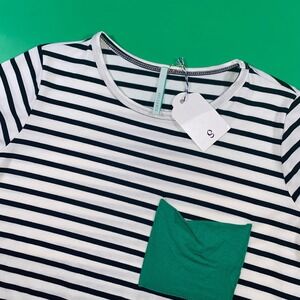 Bellamie Stripe Tunic Top Women's‎ Small Short Sleeve Green Pocket New with Tags